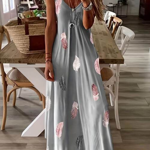 Sleeveless feather print low cut collar suspender long
