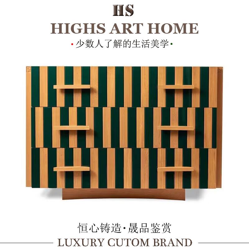 意式轻奢高级感餐边柜中古风拼色实木储物柜设计师客厅极简玄关柜