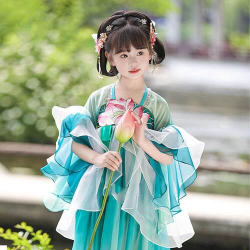 高档汉服女童新款儿童洋装公主裙表绝仙演服古装女绿美色舞台演出
