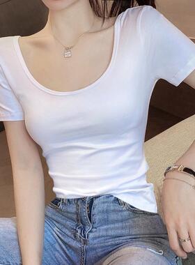 白色圆领短袖T恤女2025夏季新款修身显瘦内搭上衣洋派短款打底衫