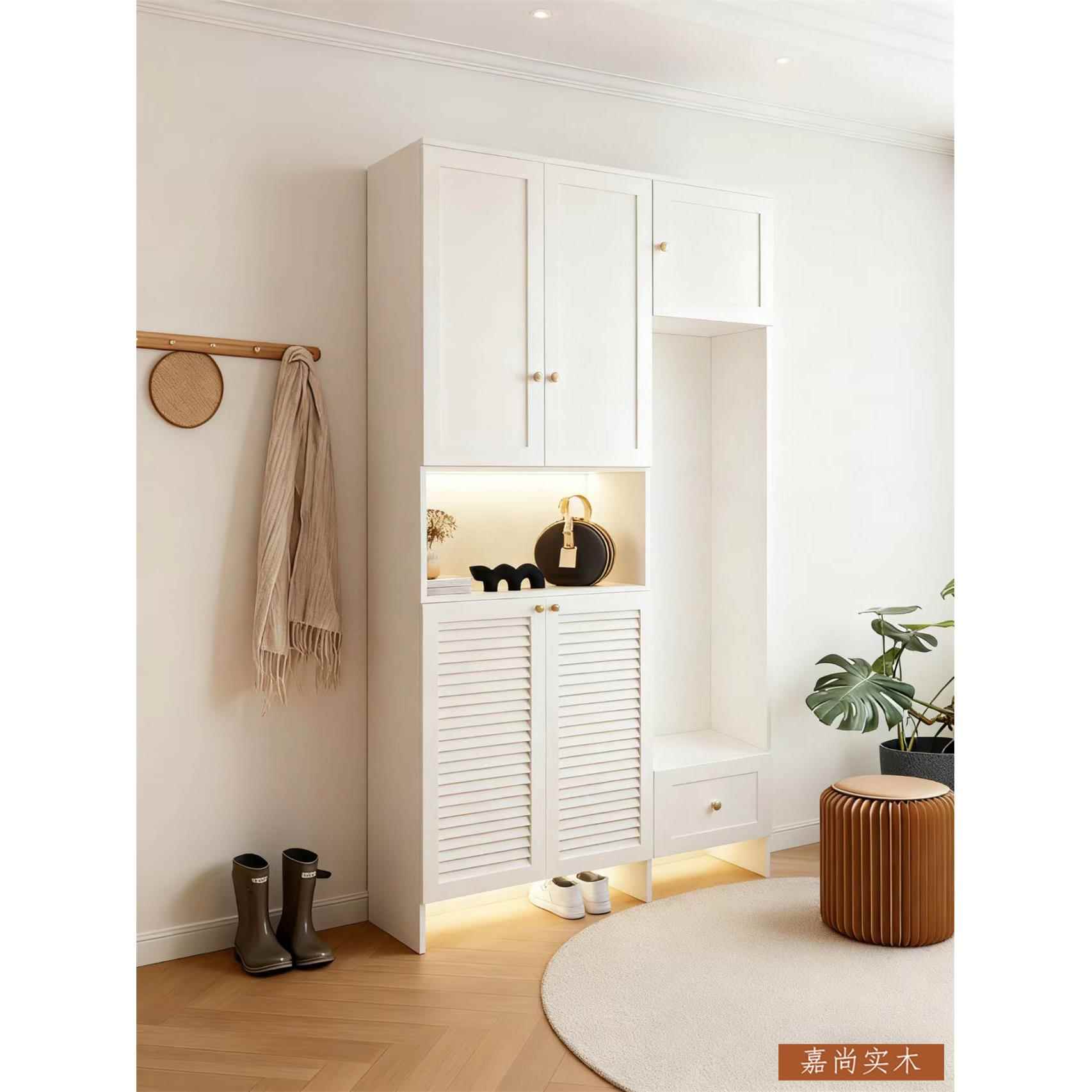 定制实木玄关柜一体到顶鞋柜奶油风入户大容量定制柜子松木百叶门