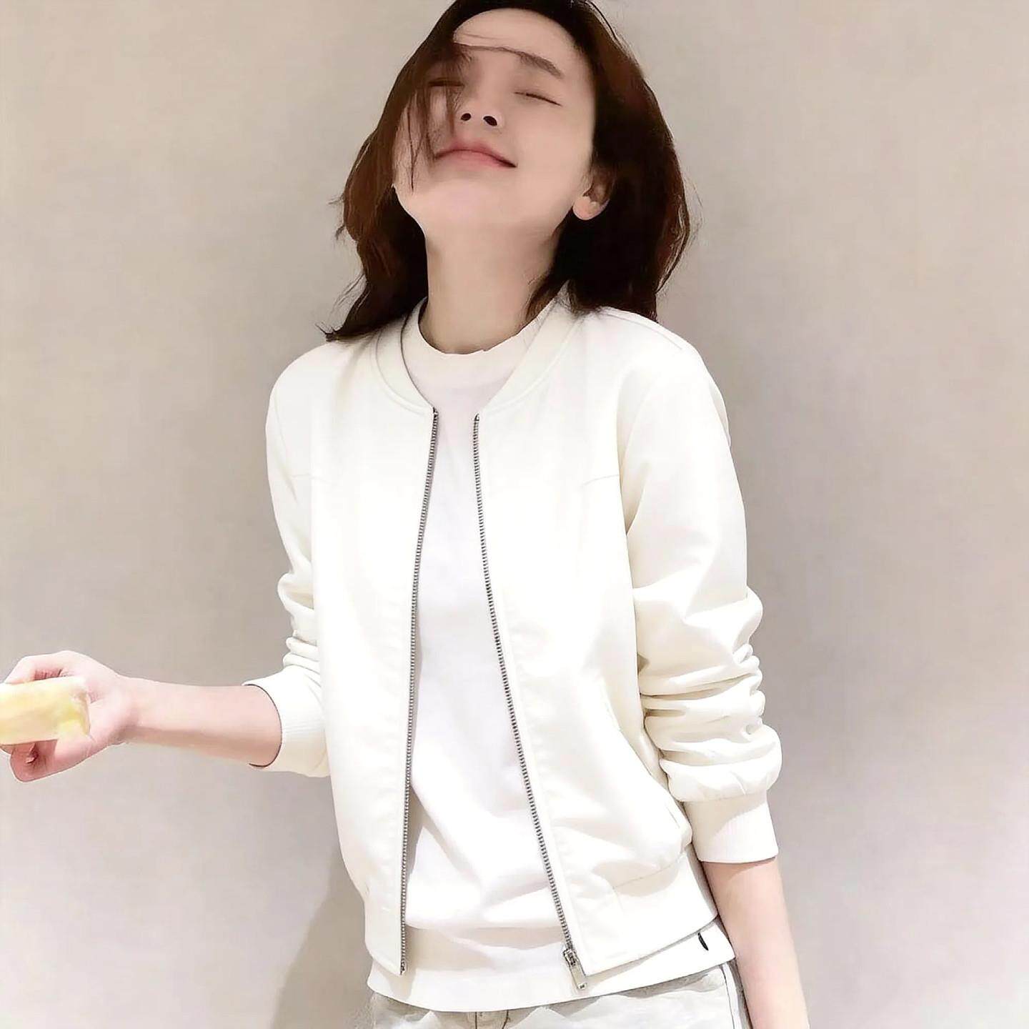 韩国超火爆款白色棒球服外套女短款小个子春秋新款缎面休闲夹克潮