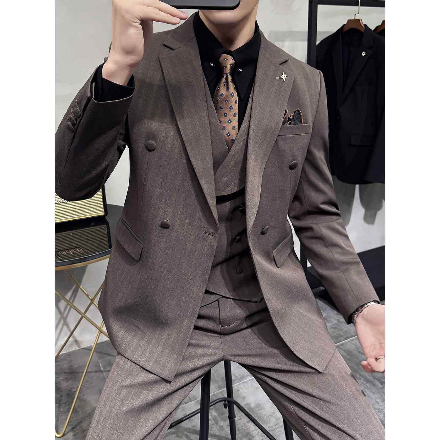 秋冬季新款条纹双排扣西装男士套装主持人商务正装宴会西服1212n