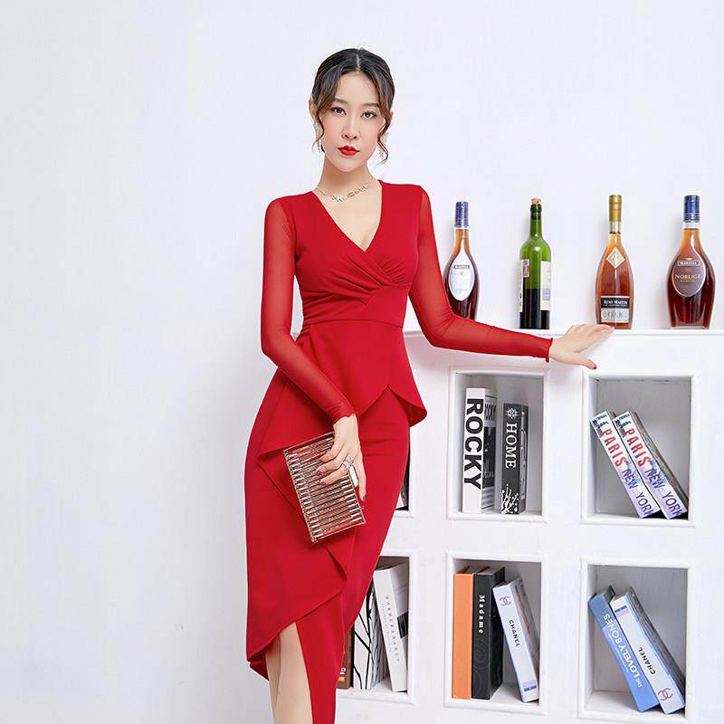 夜场领新娘聚会晚礼服修身显瘦长袖敬酒服仙女裙性感连衣裙红色