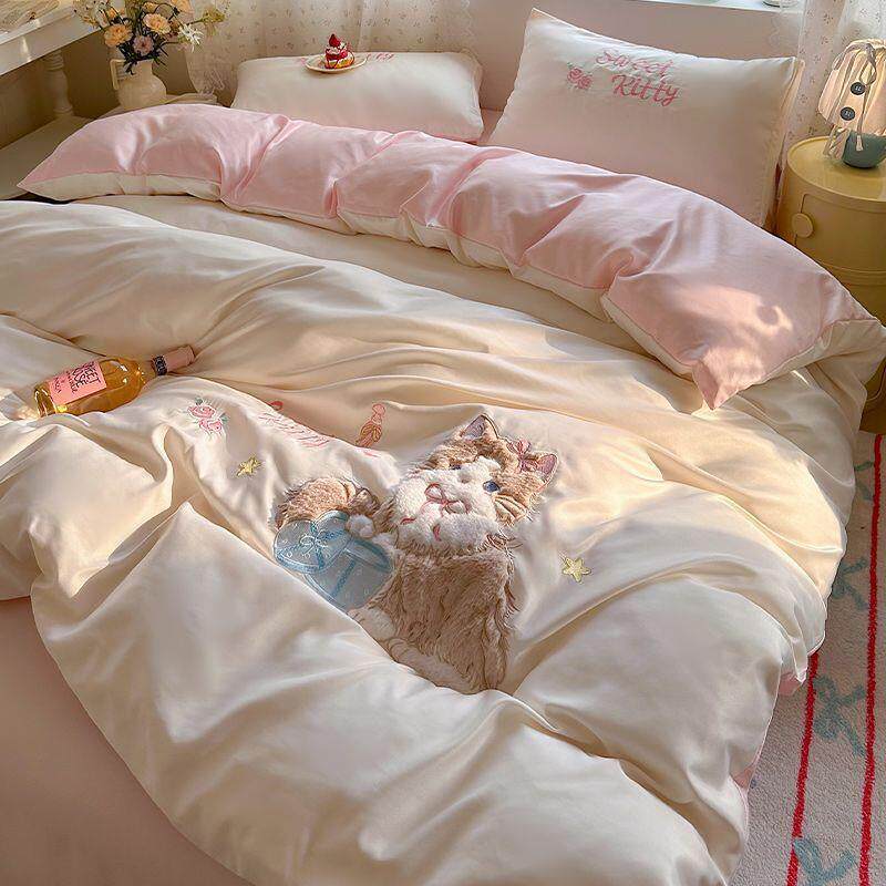 夏季冰丝床上四件套夏天丝滑被套床单水洗贴布绣宿舍三件套床