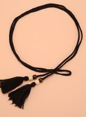 文艺范棉绳编织腰链配裙子女士长款打结腰带流苏装饰窄款腰链女