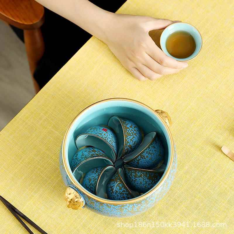 钧御蓝零窑变浮翠玉陶瓷大号茶洗建水六君高端壶承茶子道茶具1配