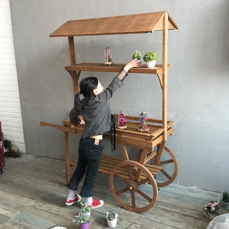 美式花乡村复古做旧实创木花风车架意手推车房窗置物橱架摆件凡木