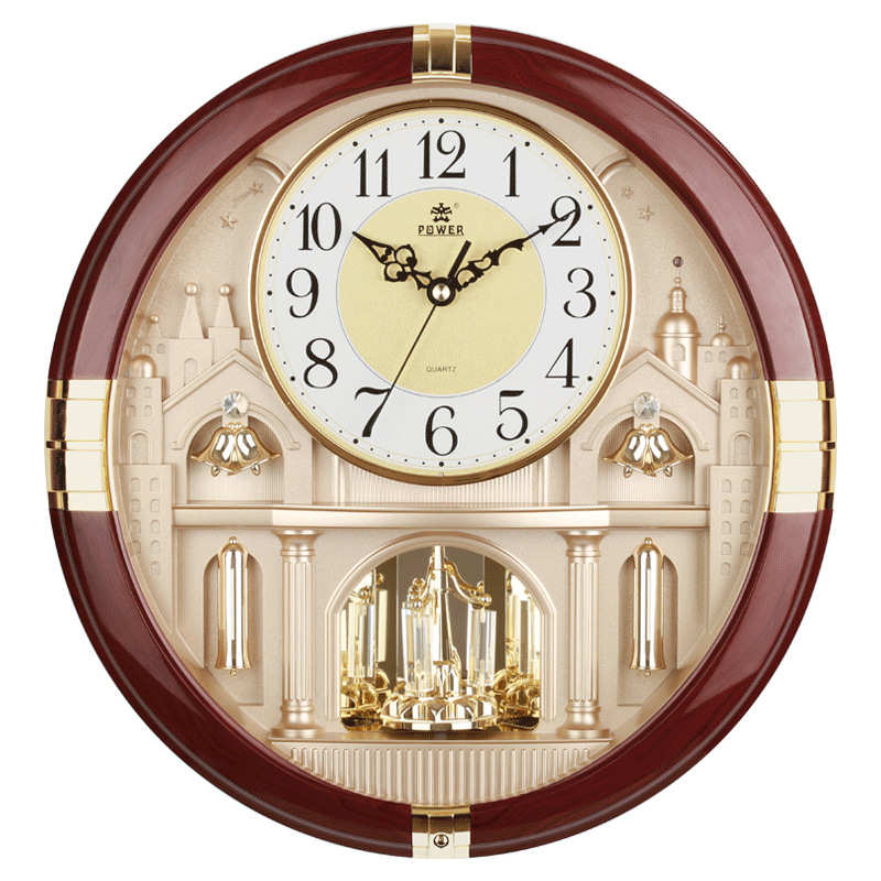 POWER霸王客厅静音挂钟欧式创意时钟音乐报时挂表水晶转摆6242