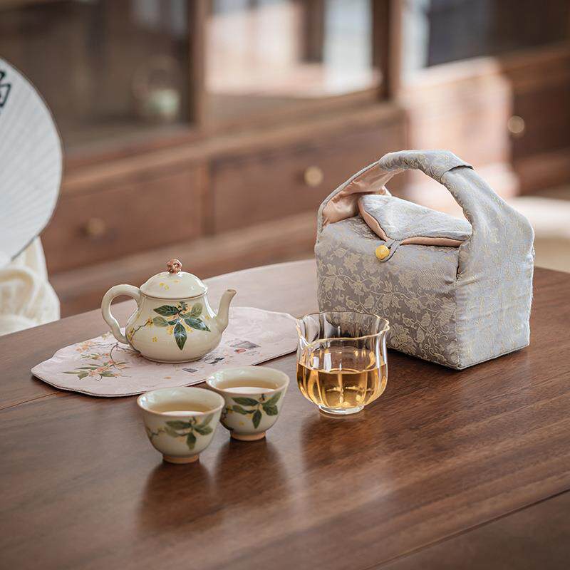 冰台手绘丹桂布包一壶两杯功夫茶具茶壶茶杯便携旅行茶具套装