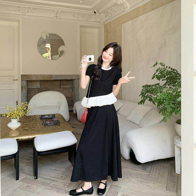 LILY MOST夏季新款黑色气质花瓣短袖套装裙女上衣半身裙两件套潮