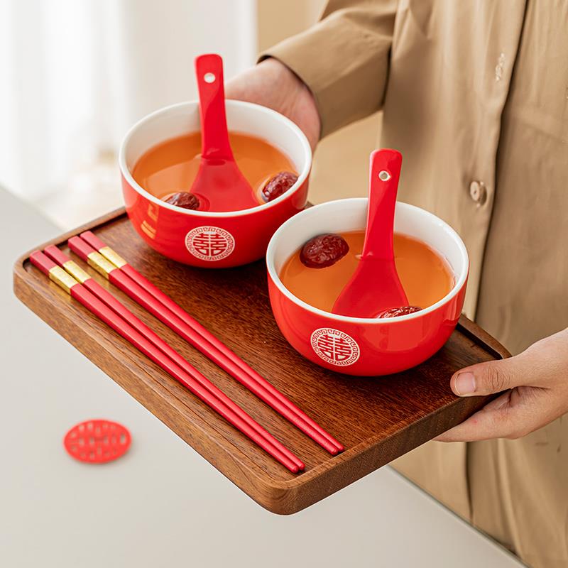 结婚喜碗套装对碗红碗一对女方陪嫁碗筷陶瓷陪嫁女方婚庆用品大全