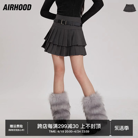 AIRHOOD 双层百褶裙短裙女生秋冬款配皮带高腰蛋糕防走光半身裙子