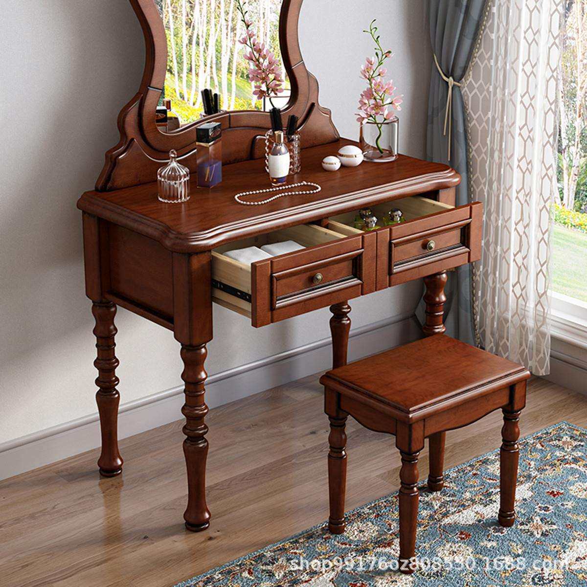 美式实木梳妆台桃花芯木现代简约欧式美式乡村化妆柜带梳妆镜妆凳