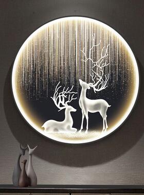 麋鹿圆形装饰画带灯LED玄关挂画入户走廊过道墙画壁灯轻奢风油画