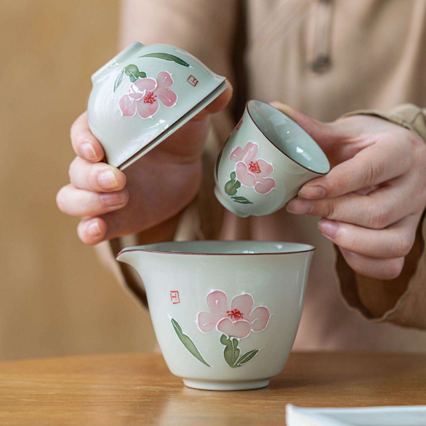 草木灰釉下彩手绘粉蕊沁香旅行套组户外一壶二杯茶具泡茶壶精致