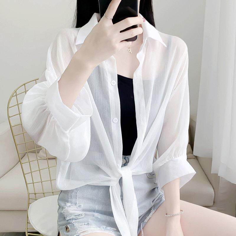 防晒衬衫女夏季薄款2026年新款气质百搭韩版时尚短款开衫雪纺上衣