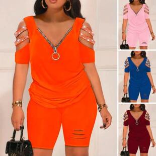 neck top suit sleeved short zipper printed with Women