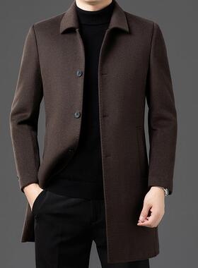 25588-PP025冬季新款中老年长款翻领商呢大衣男士务休闲外套中爸