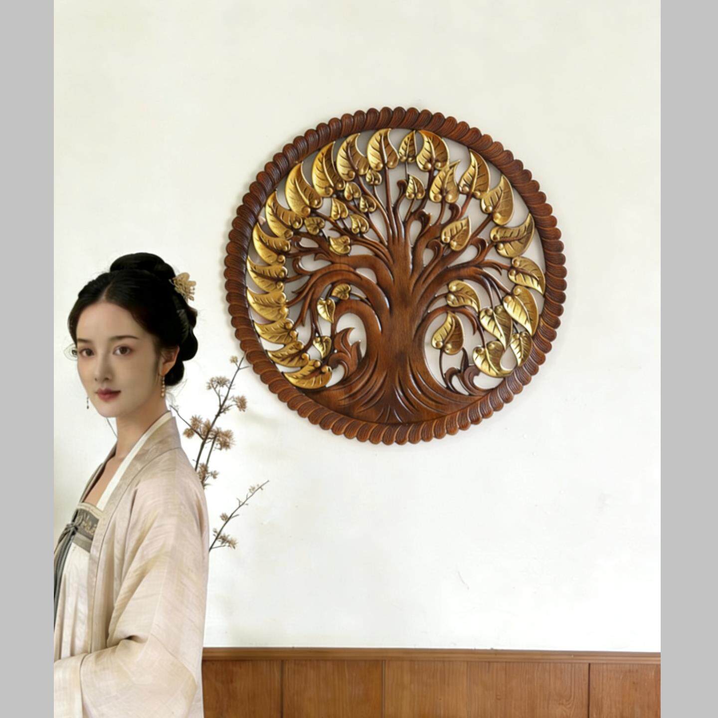 东阳木雕挂件新中式客厅玄关背景墙壁饰发财树实木泰国风情