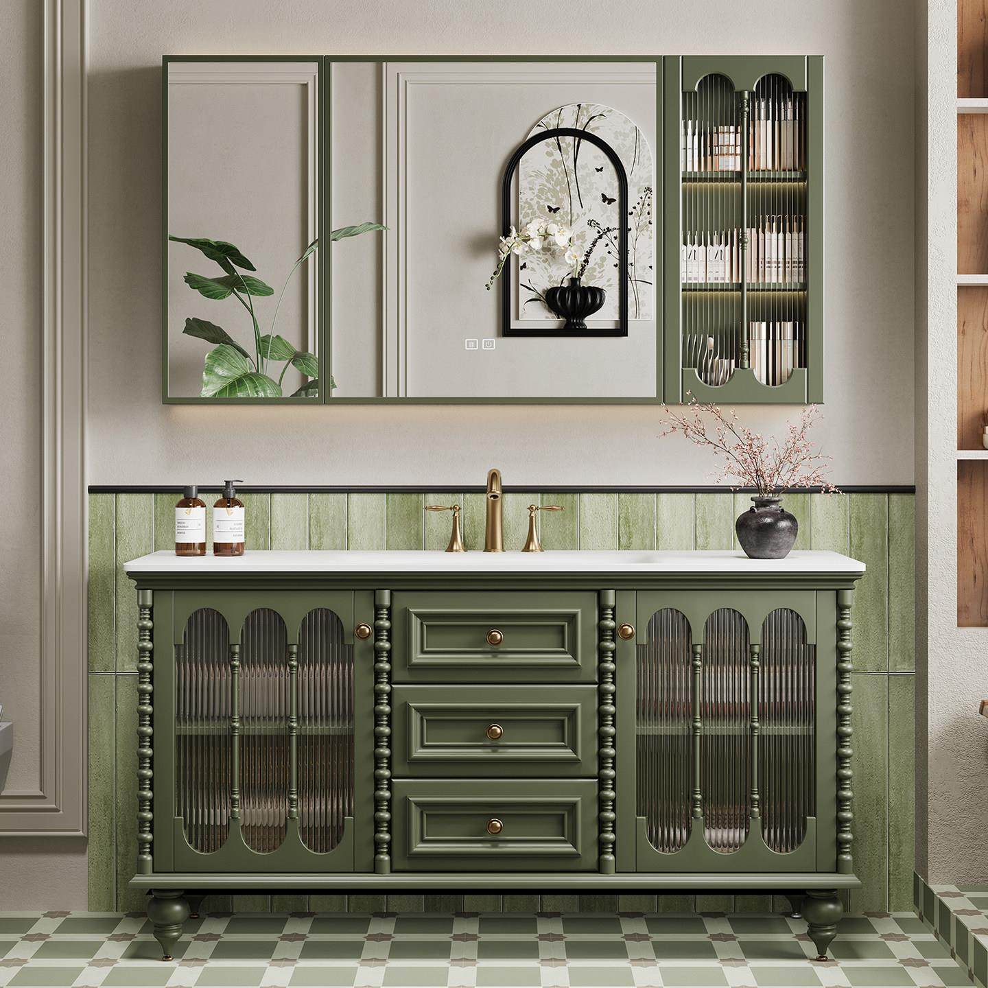 法式复古橡木浴室柜组合卫生间岩板热弯一体盆洗漱台洗手脸盆落地