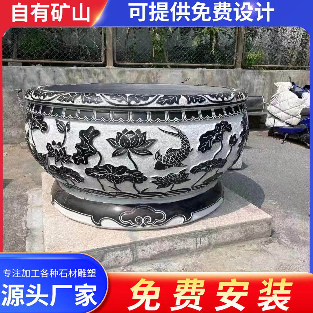 仿古青石鱼缸荷花雕刻鱼缸景观摆件别墅庭院户外门海造景石缸花盆