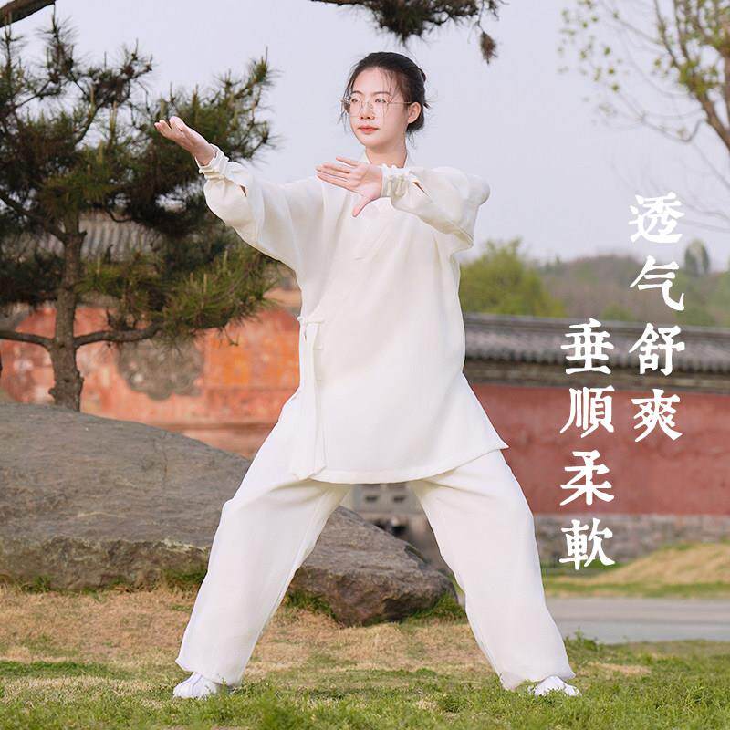 武当春夏季麻斜襟太极服女轻盈飘逸练功服道服男道袍武术表演服