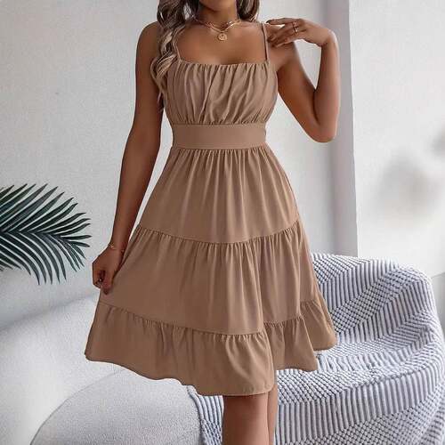 Womens Long Dress Sleeveless Square Neck Design Layered
