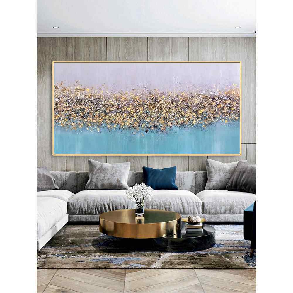 手绘油画现代简约金箔流彩抽象装饰画客厅沙发背景墙轻奢横版挂画