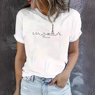 t恤 女短袖 跨境T恤女上衣巴黎铁塔T恤女短袖 日常休闲上衣欧美大码