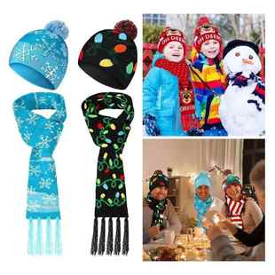 Cap Hat Elk Santa Snowflake Christmas LED Scarf Set