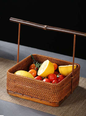 竹柒阁中式手工胡桃木藤编果盘家用水果茶点盘食盒提篮茶具收纳