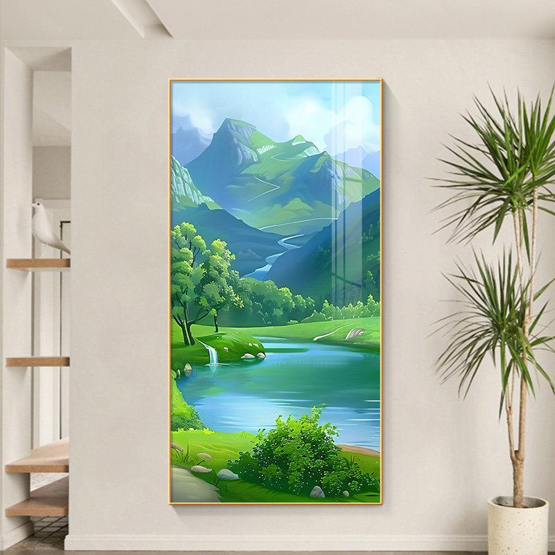 青山绿水玄关画一进门客厅走廊过道背景墙装饰画绿色山水画风景画