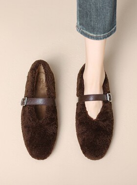 【意大利】René Vanvilla羊毛加绒?平底1.5cm 毛毛保暖玛丽珍鞋