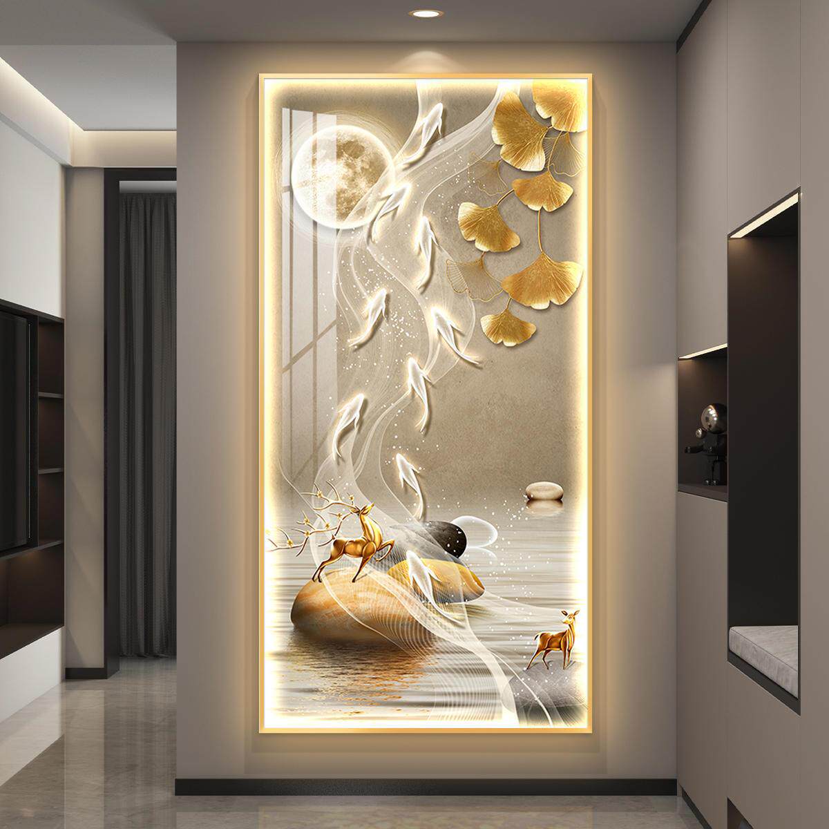 九鱼图入户玄关装饰画轻奢led带灯简约现代挂画走廊过道壁画竖版