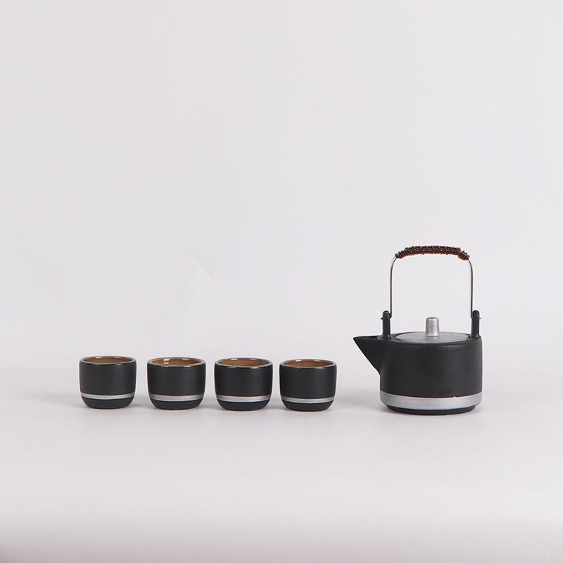创意新中式现代简约陶瓷黑银提梁茶具金属托盘桌面组合茶室艺术品