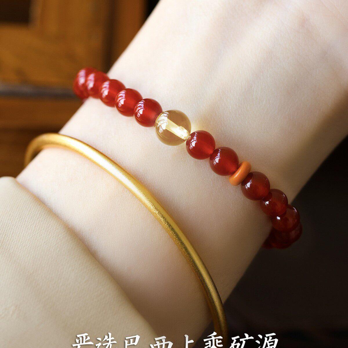 2026为晚纯天然红玛瑙黄水晶手串女招财暴富转运手链本命年新中式