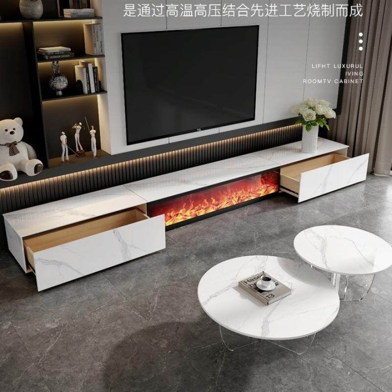 轻奢岩板电视柜简约现代客厅仿真火焰壁炉一体实木落地柜3d火焰