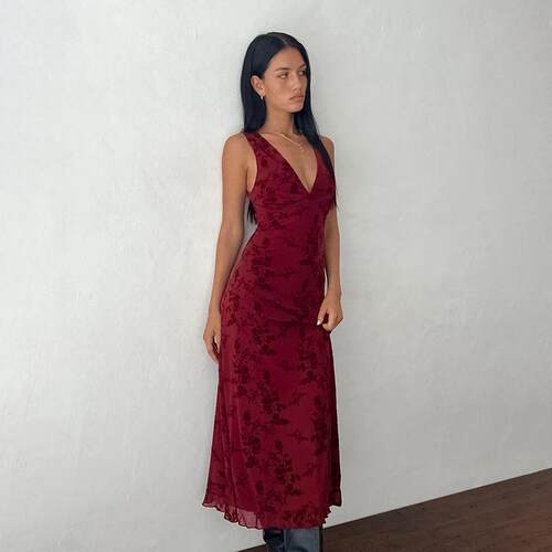 Women's Floral Print Knit Deep V Neck A Line Dress Elegant