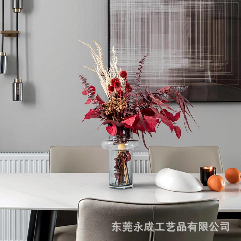 中国红色喜庆整体花艺玻璃花器玄关浴室洽谈桌仿真花艺装饰品摆件