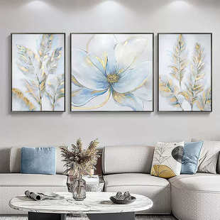 现代轻奢客厅装饰画简约沙发背景墙三联画肌理画抽象花卉手绘油画