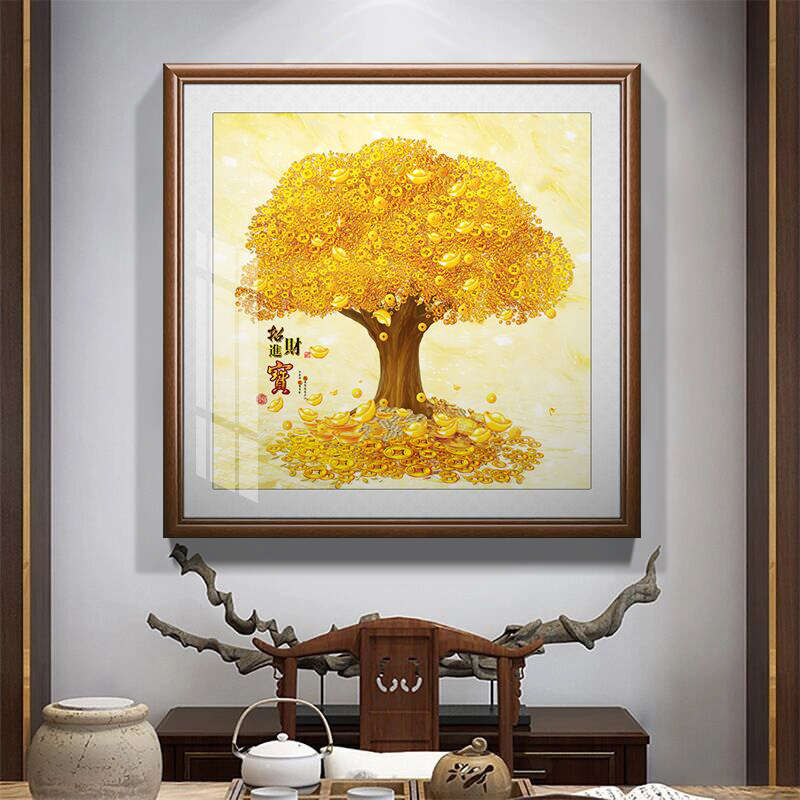 财源滚滚挂画发财树客厅装饰画摇钱树进门入户画正方形玄关墙壁画图片