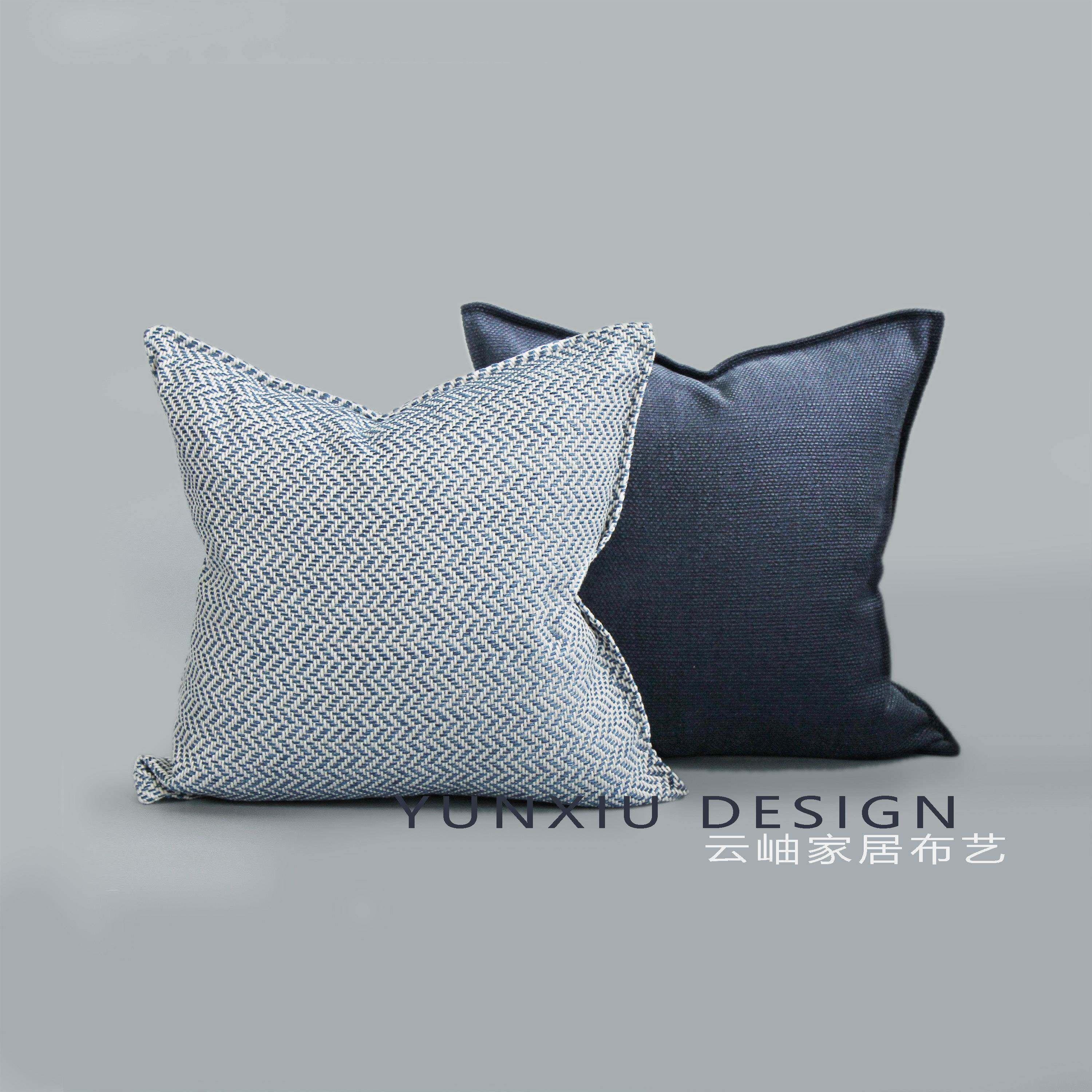深蓝色几何棉麻抱枕靠垫 简约现代北欧沙发靠垫方枕纯蓝棉麻抱枕
