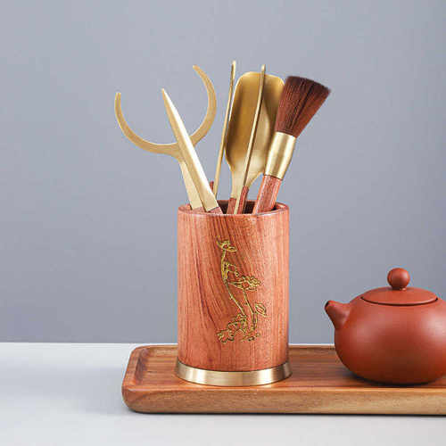 功夫茶具配件黄铜茶道六君子泡茶工具实木杯叉茶刀茶夹茶勺养壶笔