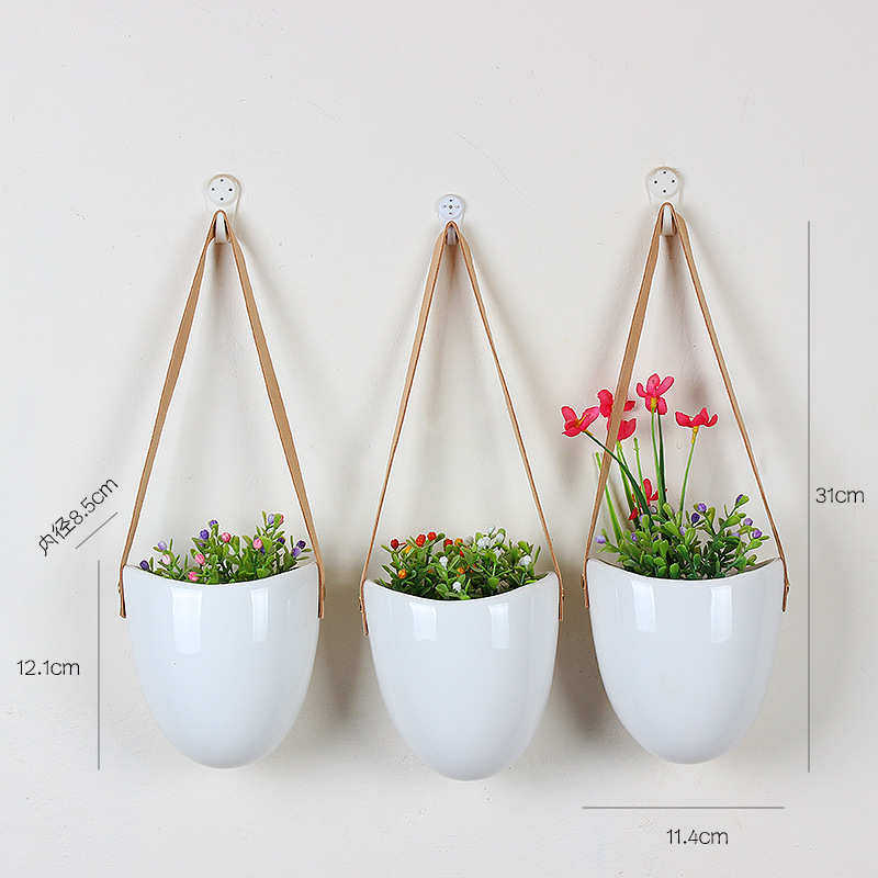 北欧创意绿植物盆栽悬挂式花盆白色陶瓷韩绒皮绳壁挂吊盆墙面装饰,鲜花速递/花卉仿真/绿植园艺,花盆,淘宝优惠券,粉丝福利购,淘宝优惠卷