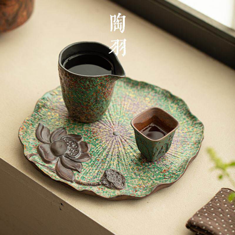 粗陶莲蓬托老岩泥莲花托盘家用小陶型茶茶盘瓷功121704夫具壶承干
