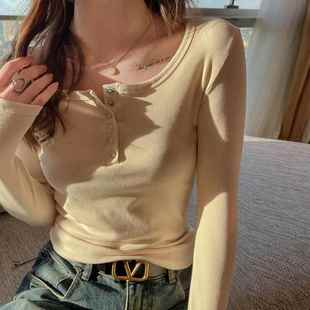 螺纹纽扣长袖打底衫女士内搭设计感正肩t恤高级感可外穿秋冬上衣
