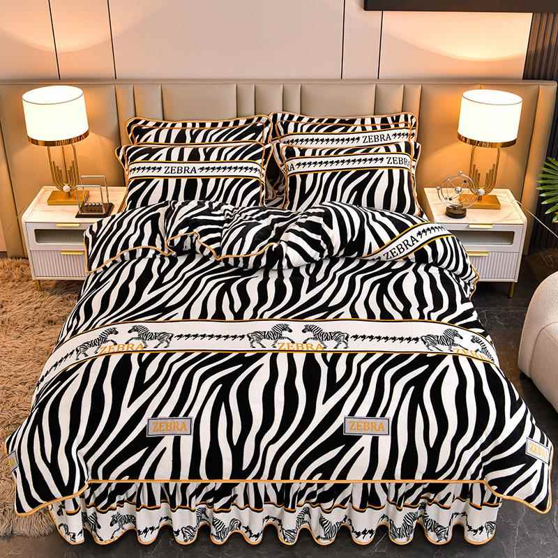 高档冬保暖金貂绒秋床裙款四件套1.8m/2.米床加2绒厚珊瑚绒被套加