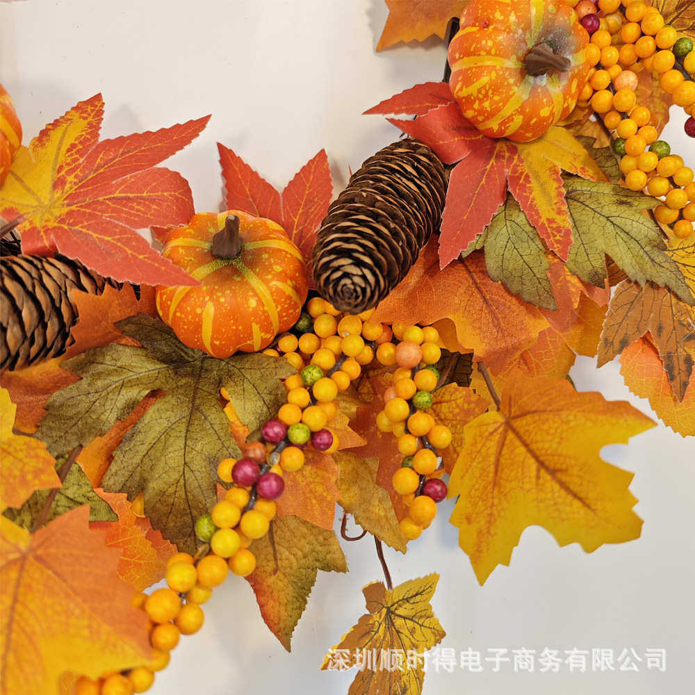 秋季感恩节花环仿真枫叶南瓜松果丰收节50CM花圈门墙挂饰