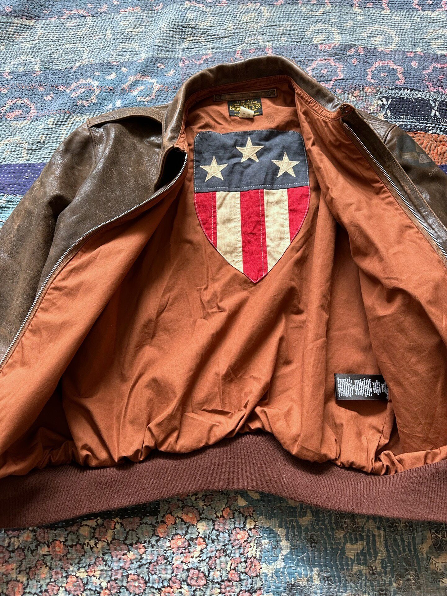 RRL Distressed A2 Leather Jacket — detail